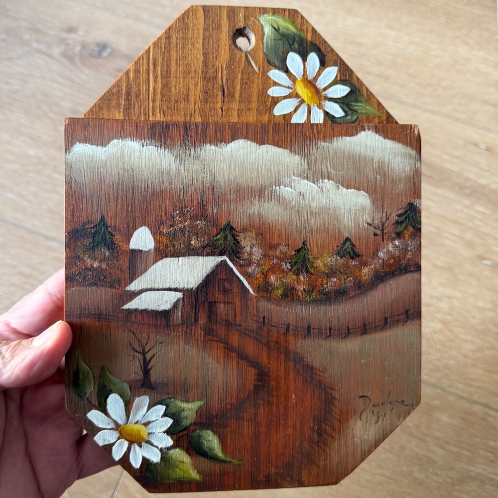 Vintage RitchCraft Hand Painted Wood Wall Pocket Barn Scene Signed Darlene 1981